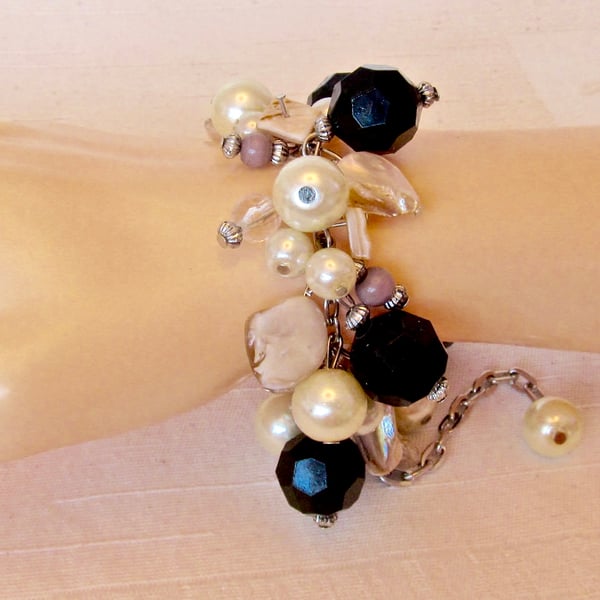 Black Facetted, Purple Agate & Cream Mother of Pearl Cluster Bracelet 