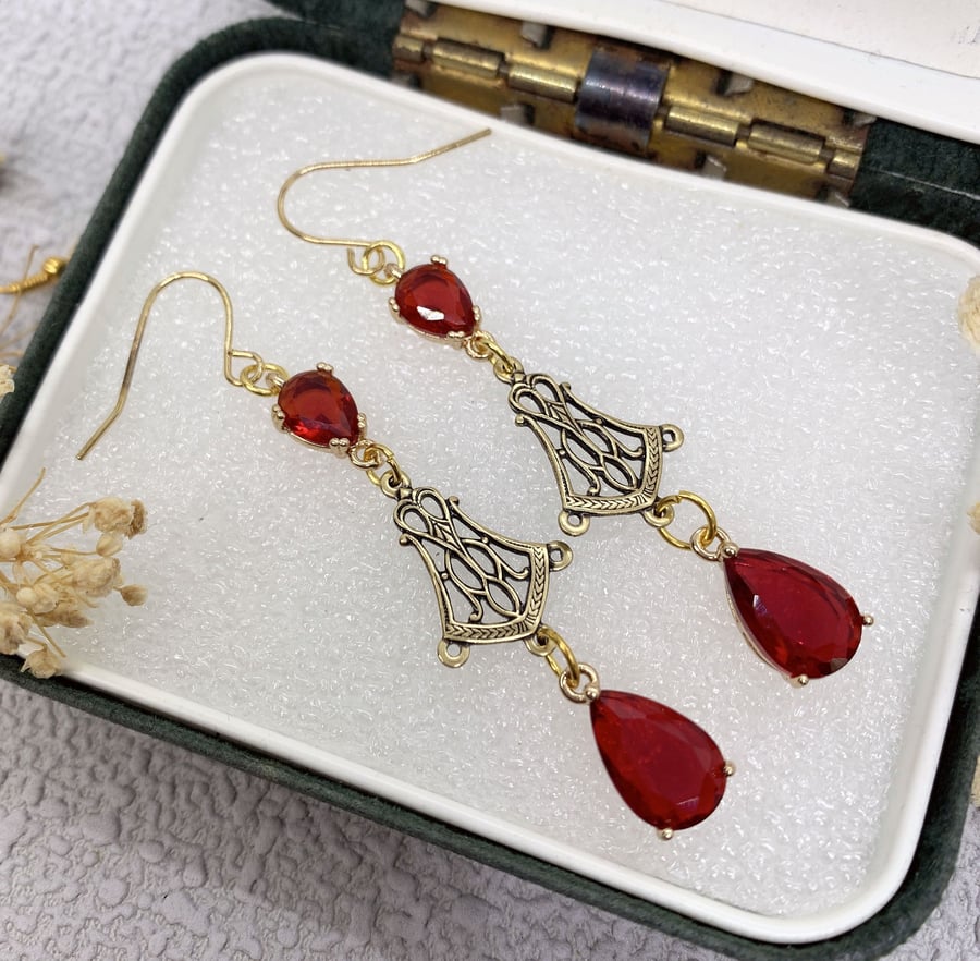 Vintage Style Antique Gold and Red Glass Crystal Drop Earrings