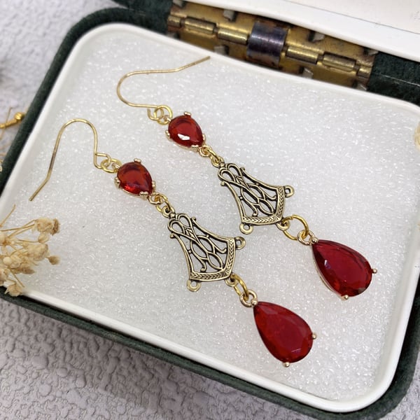 Vintage Style Antique Gold and Red Glass Crystal Drop Earrings