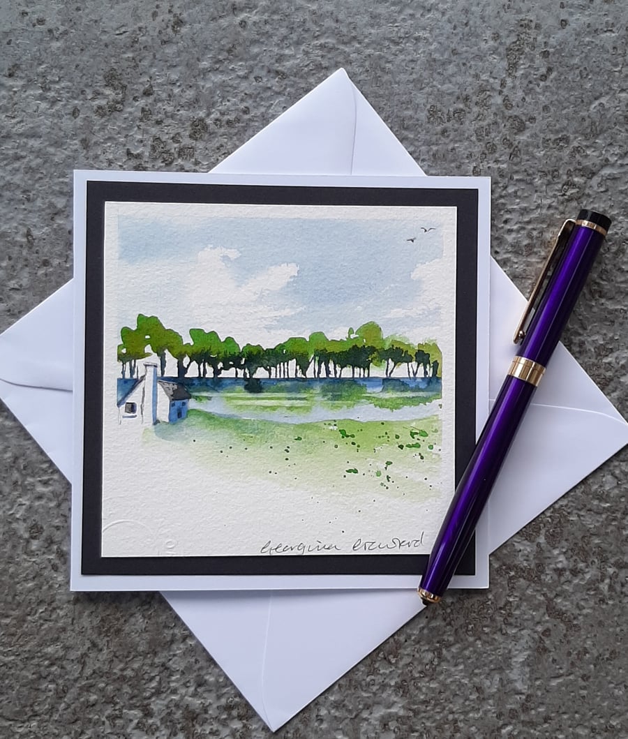 White Cottage. Handpainted Blank Card Letterbox Gift. Keepsake