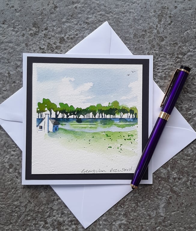 White Cottage. Handpainted Blank Card Letterbox Gift. Keepsake