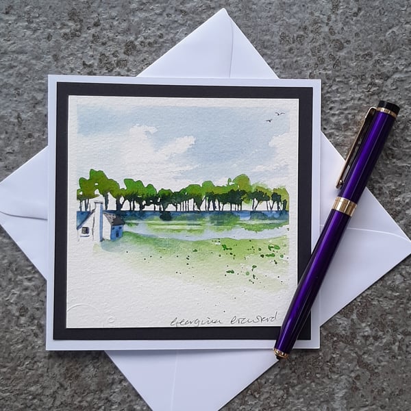 White Cottage. Handpainted Blank Card Letterbox Gift. Keepsake