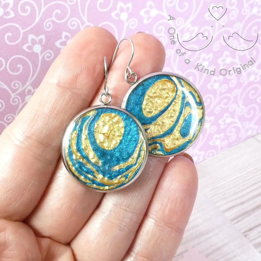 Turquoise and gold dangle earrings, one of a kind statement earrings for women