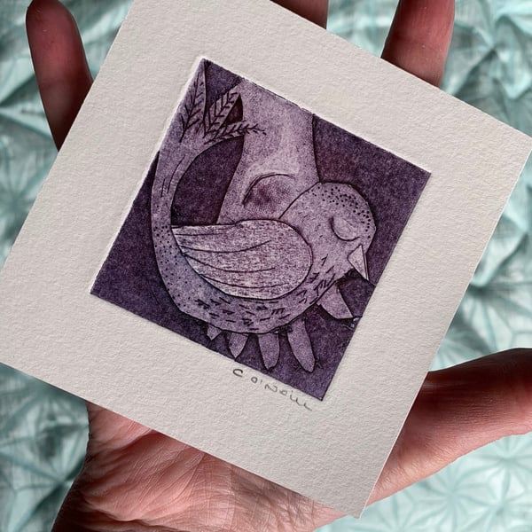 A Bird in the Hand -  Original Collagraph Print  made in Yorkshire 