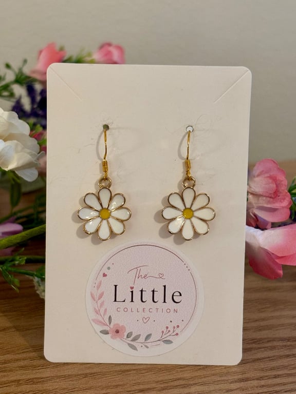 White Daisy Dangle Earrings, Enamel Floral Charms, Handmade Jewellery