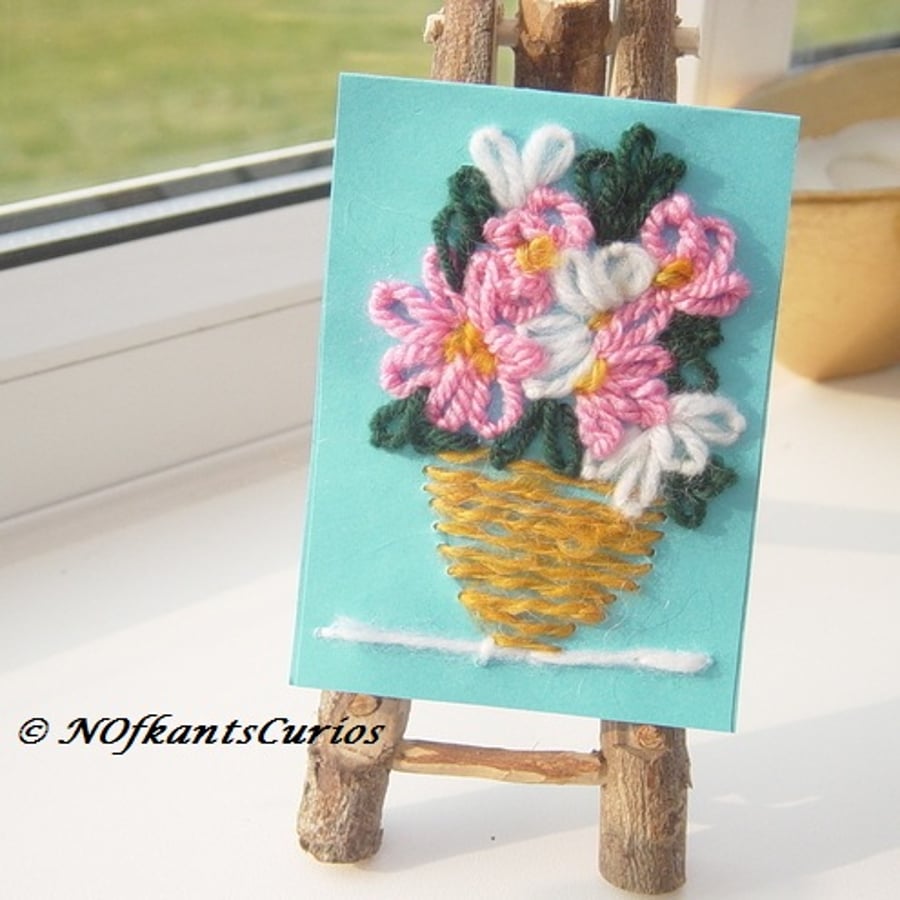 Pink Flowers Mixed Media Embroidered ACEO.