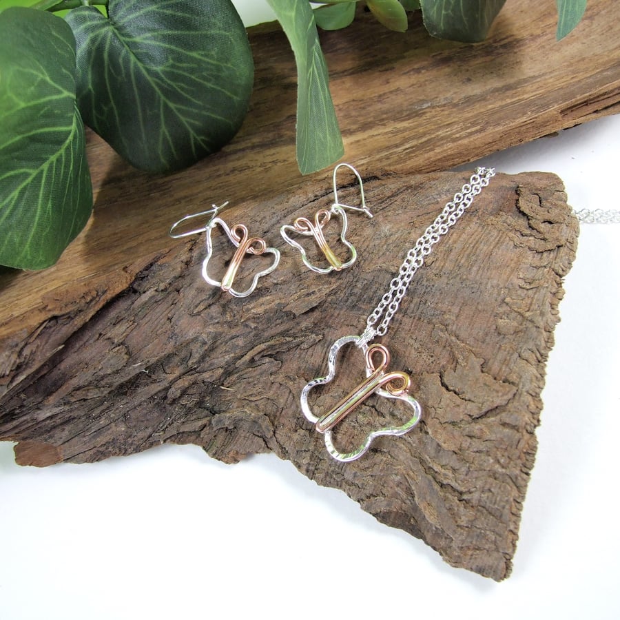 Butterfly Necklace and Earring Set, Sterling Silver and Copper