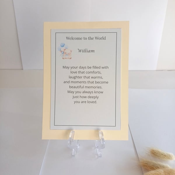Personalised Welcome to the World Keepsake Card, New Baby Gift, Baby Boy Gift
