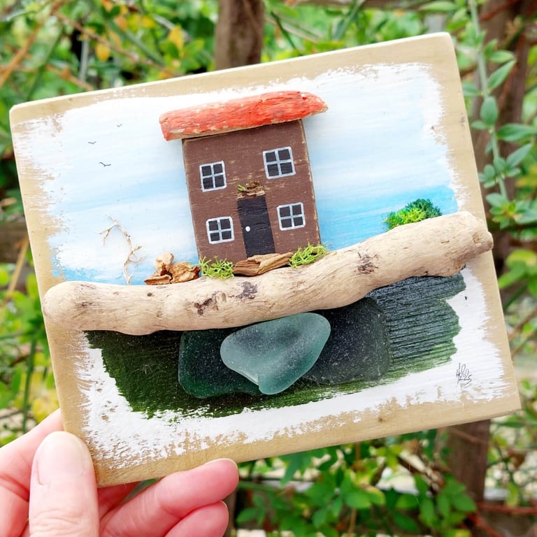 Driftwood Brown Cottage Wall Art, Handmade Coastal Decor, Sea Glass Beach House