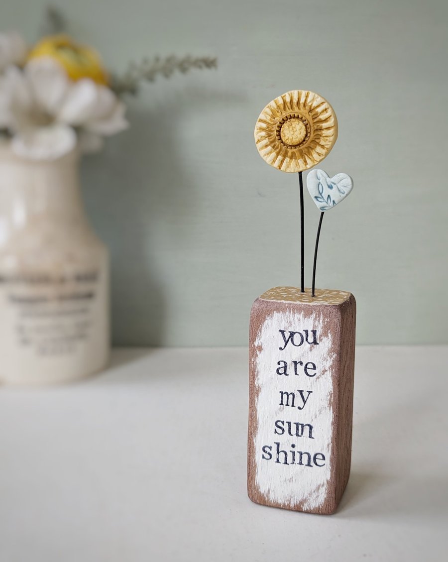 Clay Sunshine in a Wood Block 'You are my Sunshine'