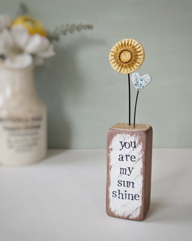 Clay Sunshine in a Wood Block 'You are my Sunshine'