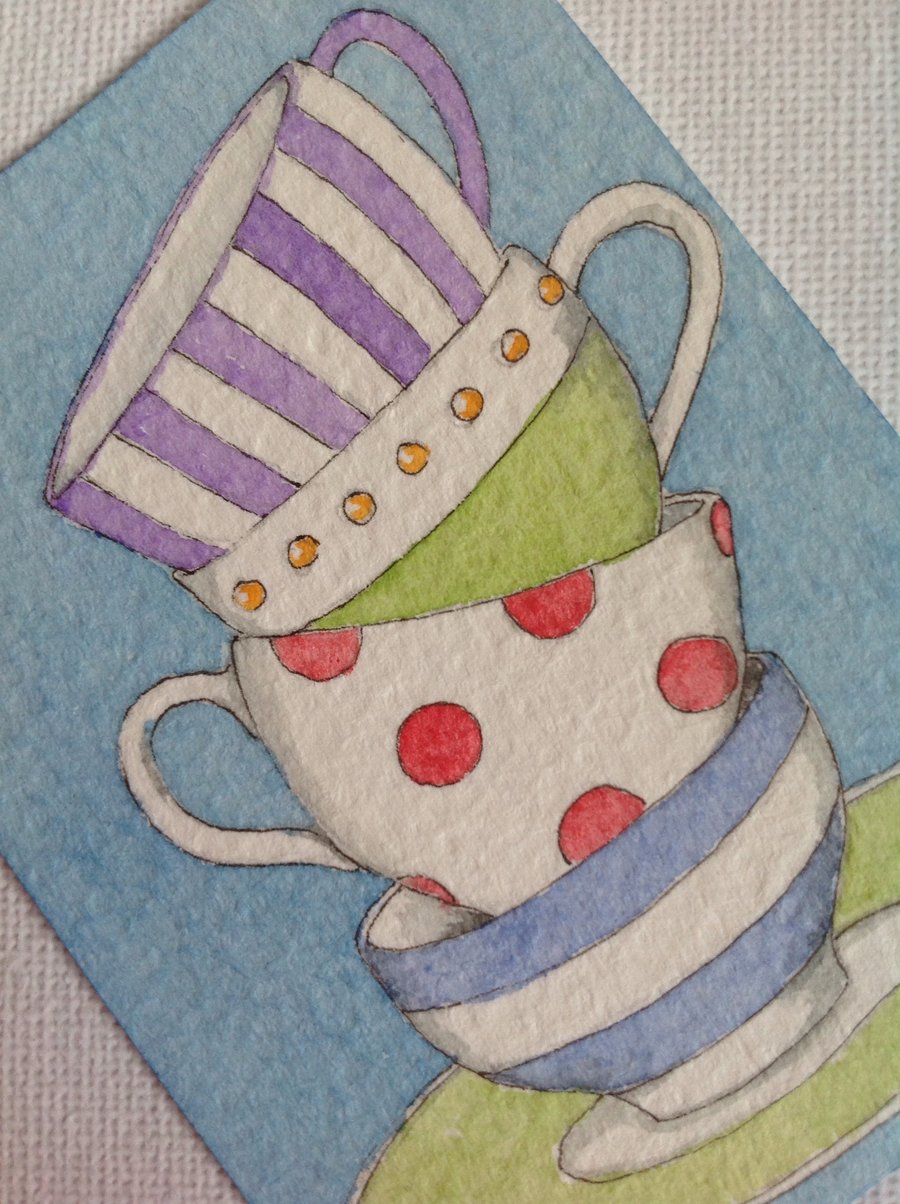 Original watercolour illustration 'Spots, Stripes and Stacking Teacups' ACEO '