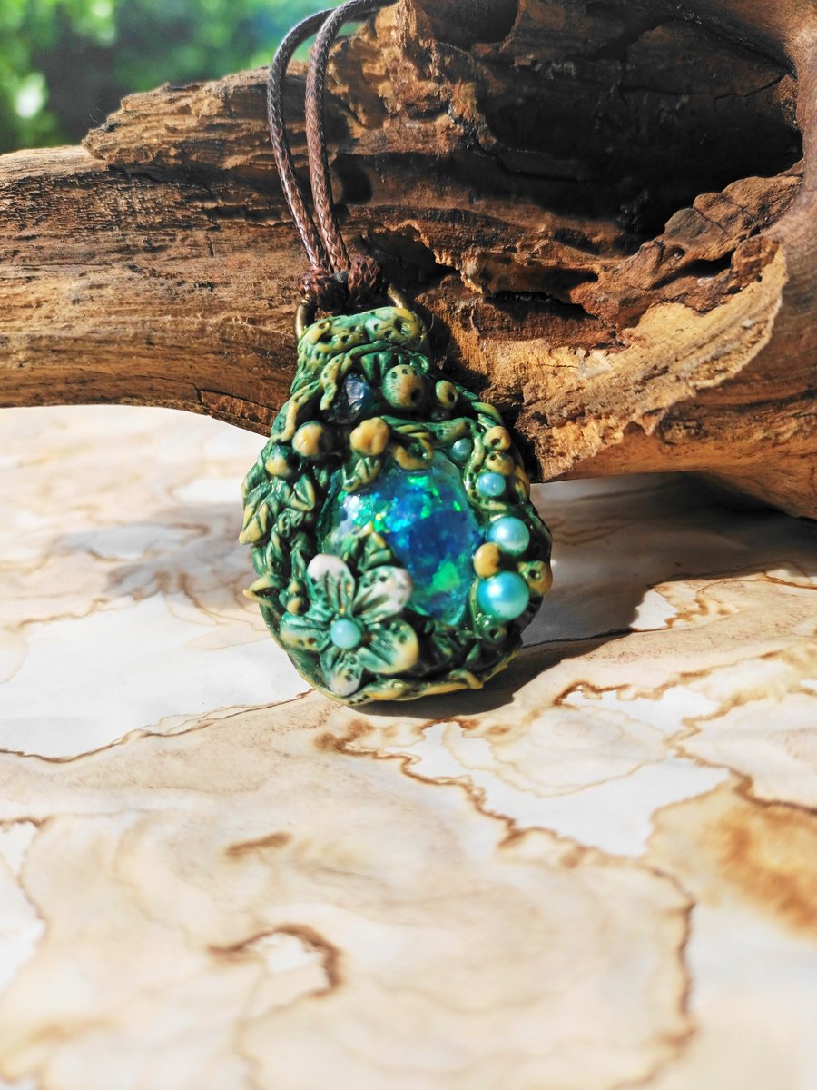 Blue Lagoon Beach, Fantasy necklace, hand-sculpted polymer clay, resin  pendant