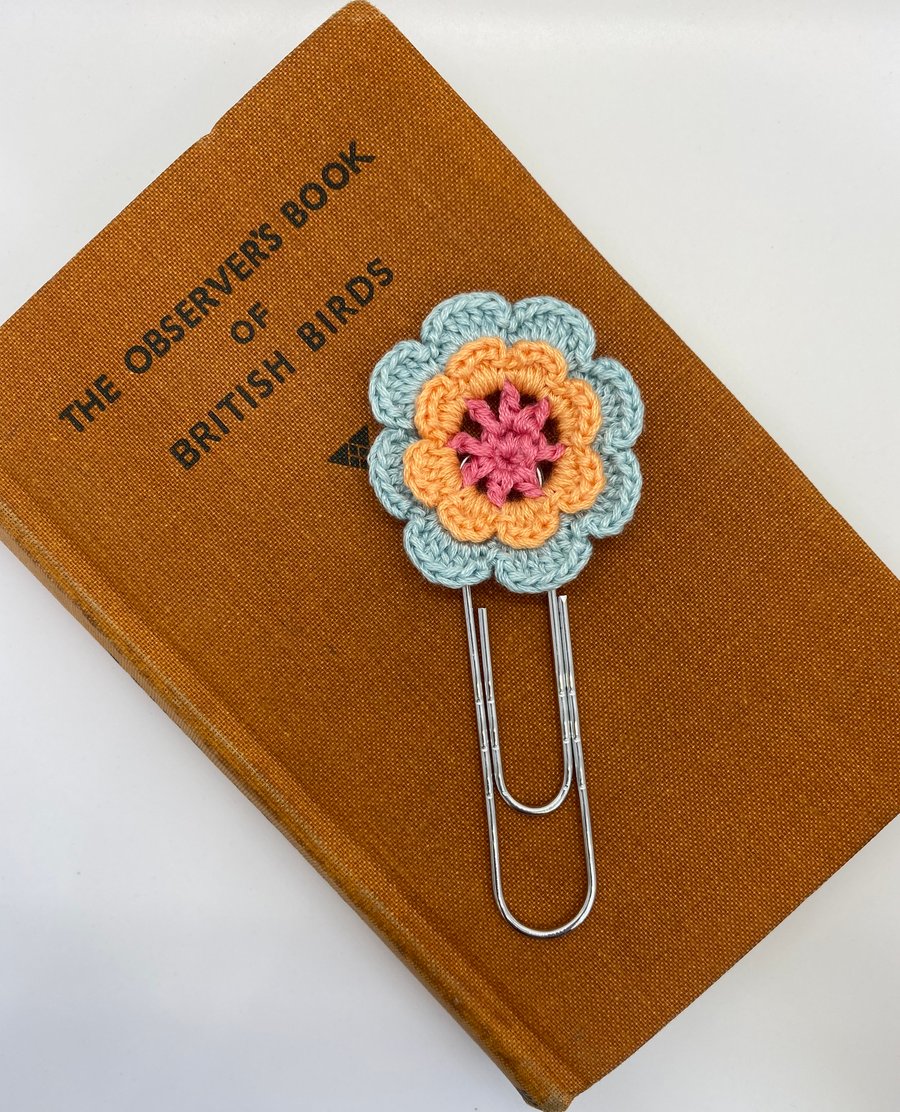 Flower paperclip bookmark in pink, peach & blue