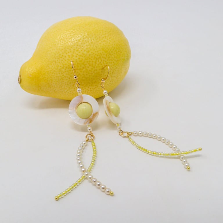Yellow beaded long dangle earrings with natural Gemstones