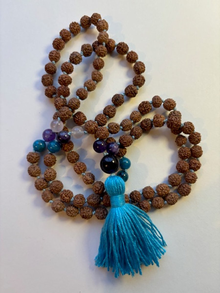 Mala Beads (108) Rudraksha & Amethyst, Apatite & Rose Quartz
