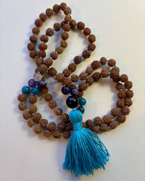 Mala Beads (108) Rudraksha & Amethyst, Apatite & Rose Quartz