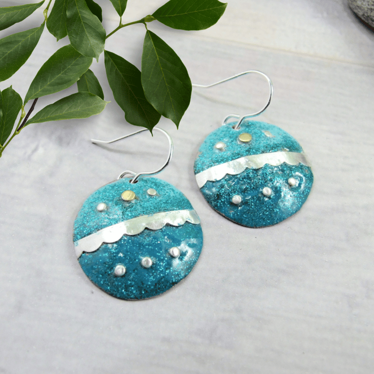 Green Patterned Earrings. Copper and Silver Circles with Green and Teal Enamel