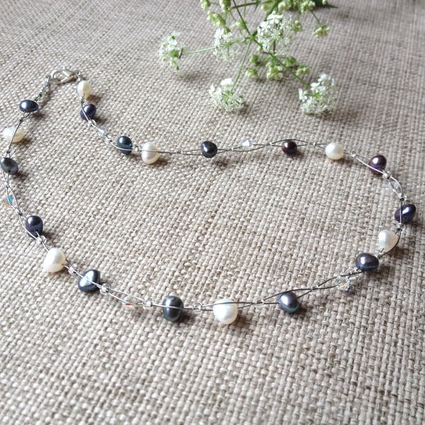 Peacock & Cream Freshwater Pearl & Crystal Floating Necklace