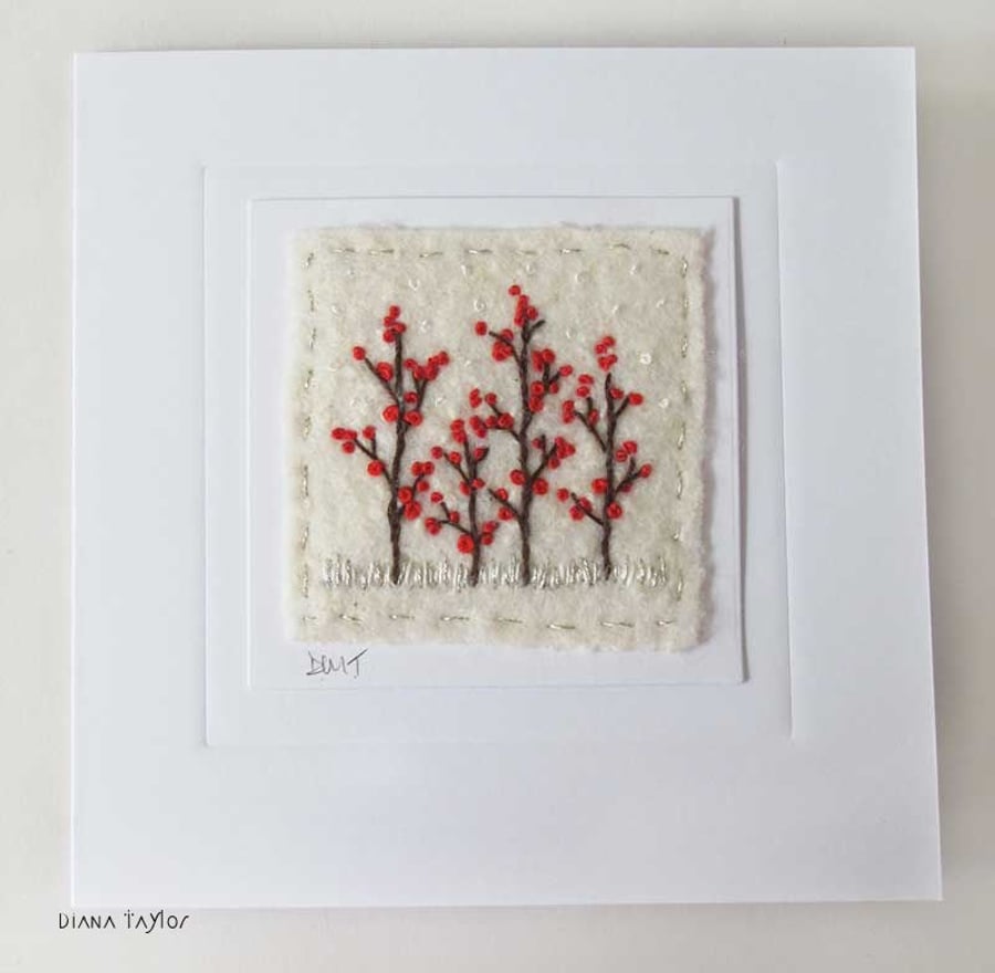HAND EMBROIDERED CHRISTMAS CARD WINTER BERRIES