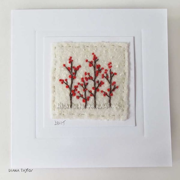 HAND EMBROIDERED CHRISTMAS CARD WINTER BERRIES