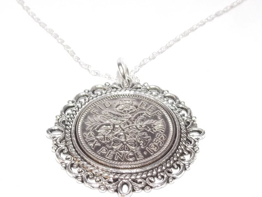 Fancy Pendant 1955 Lucky sixpence 69th Birthday plus a Sterling Silver 18in Chai