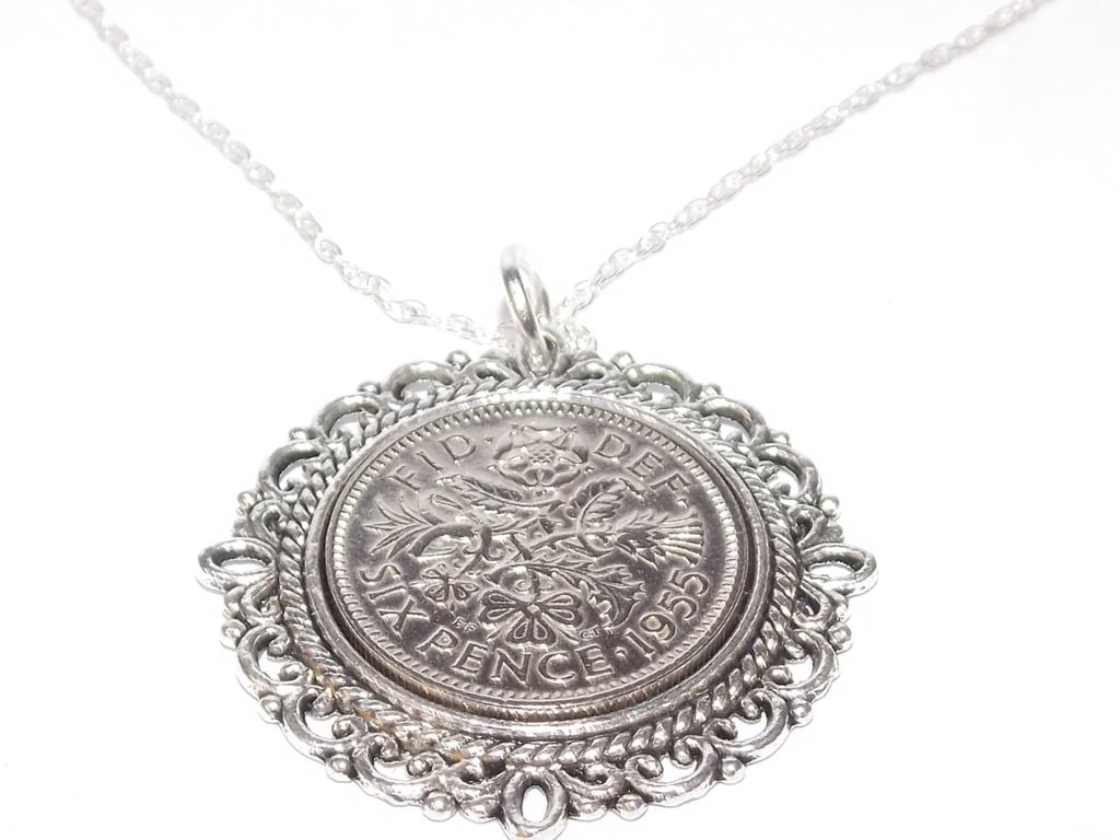 Fancy Pendant 1955 Lucky sixpence 70th Birthday plus a Sterling Silver 18in Chai