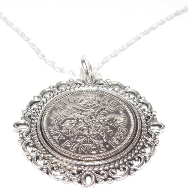 Fancy Pendant 1955 Lucky sixpence 70th Birthday plus a Sterling Silver 18in Chai