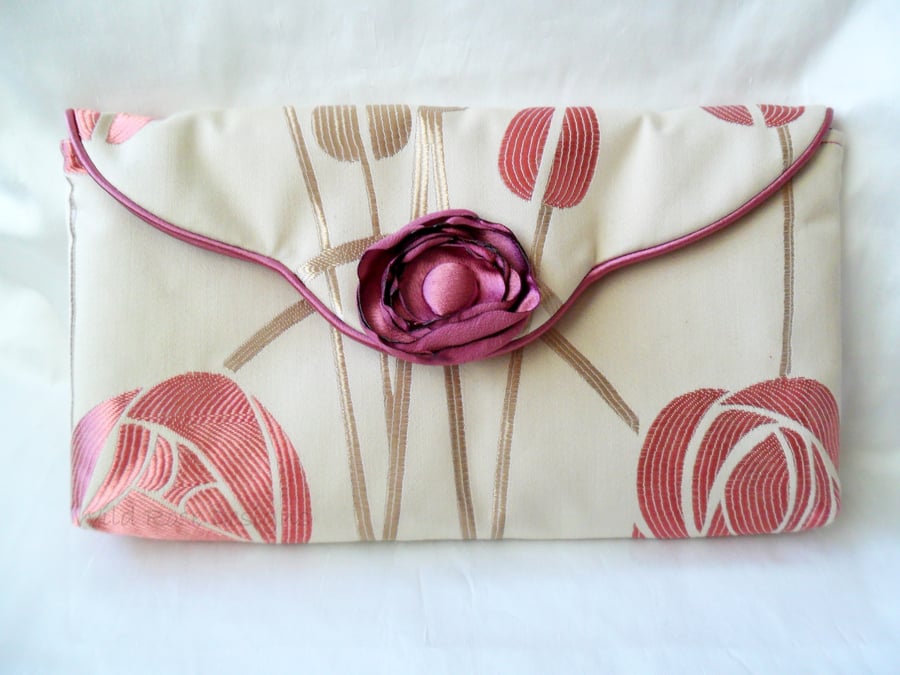 Cream and pink Art Deco clutch evening bag