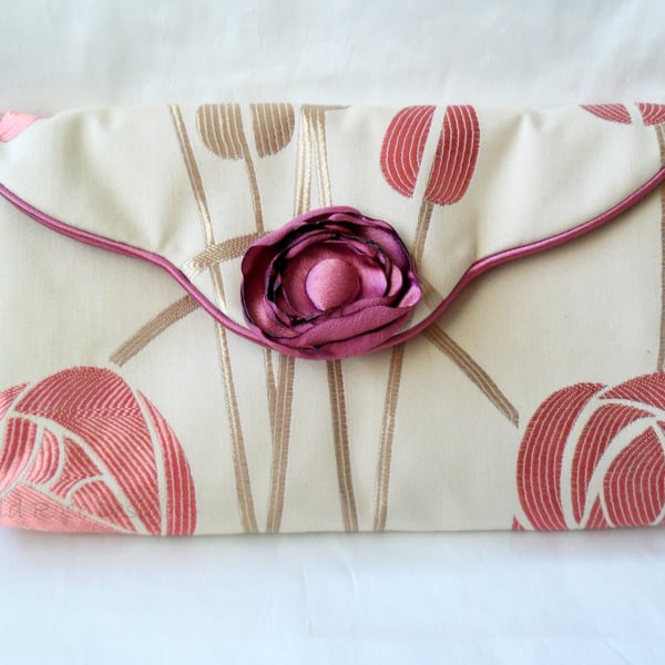 Cream and pink Art Deco clutch evening bag