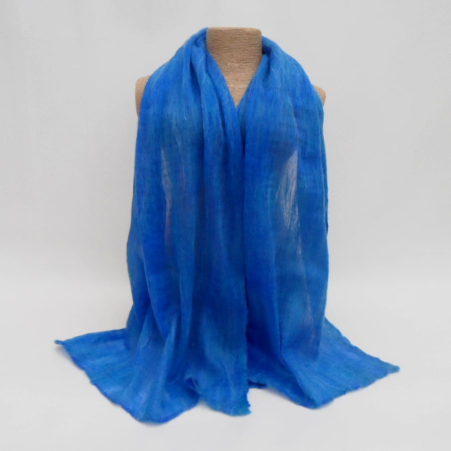 Blue nuno felted scarf with white silk highlights
