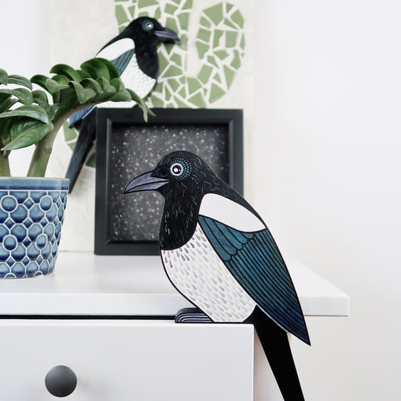 Magpie door topper, British bird wall art, garden bird ornament.