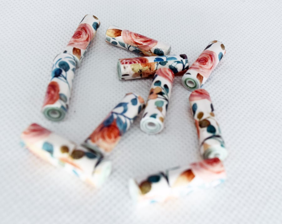 10 Peach Flowers and Reddish Pink Roses Pattern Paper Beads  PB03