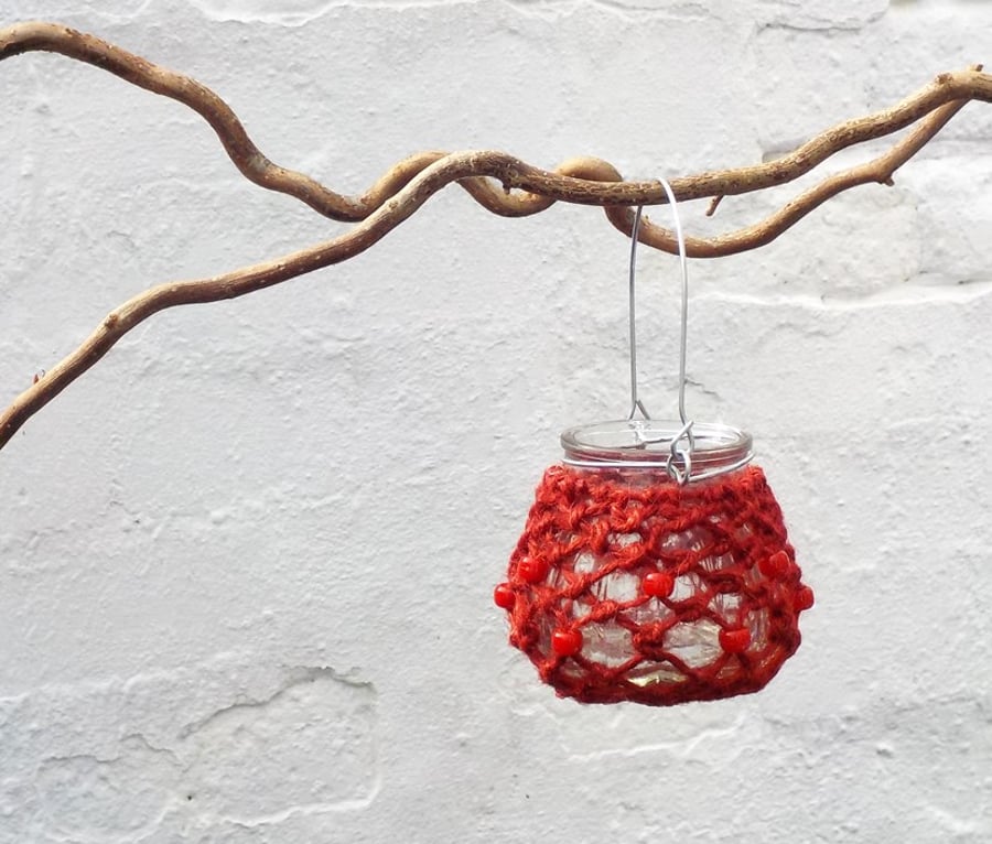 Macrame red candle holder hanging tealight jar garden decoration