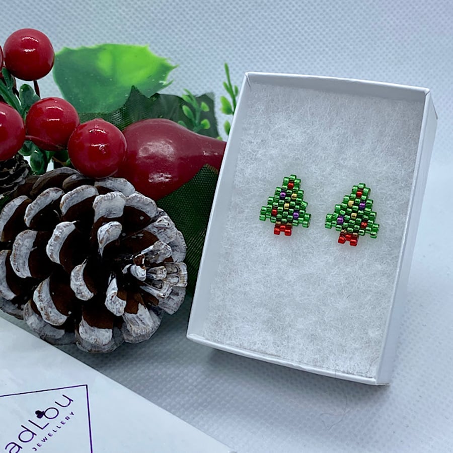 Sterling Silver Bead Weave Christmas Tree Stud Earrings