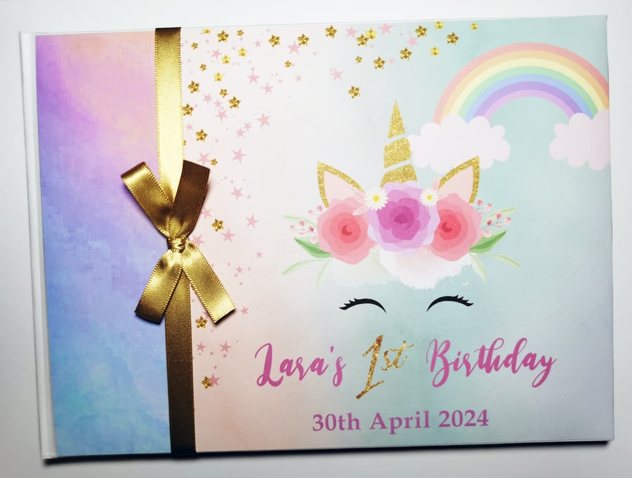 Rainbow unicor birthday guest book, unicorn party book, unicorn face