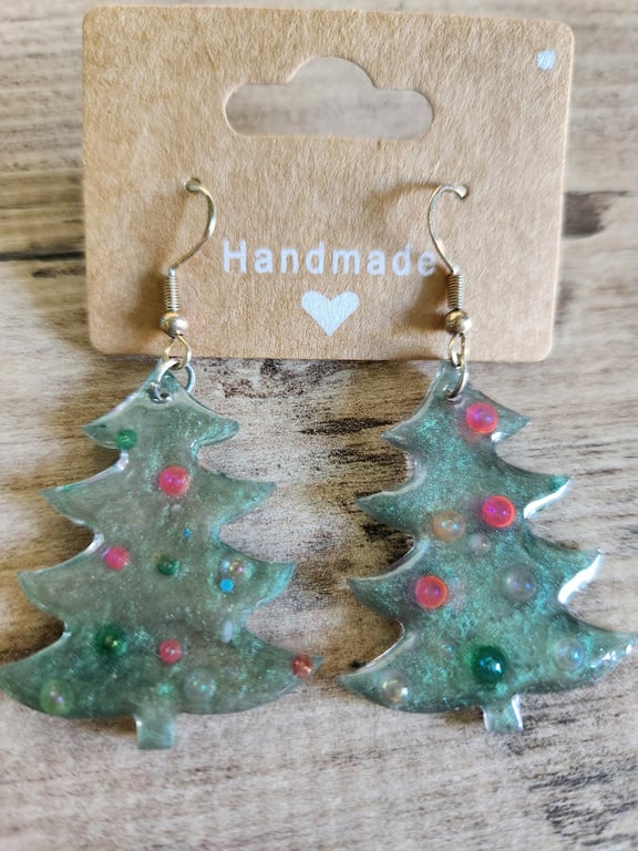 Gorgeous Glittery Christmas tree resin earrings with silver plated hooks