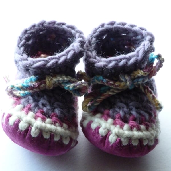 Wool & leather baby boots - pink, lilac & white - 6-12 months