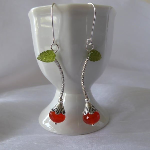 Orange Blossom Flower Bud Earrings with Vesuvianite Leaf, Sterling & Fine Silver