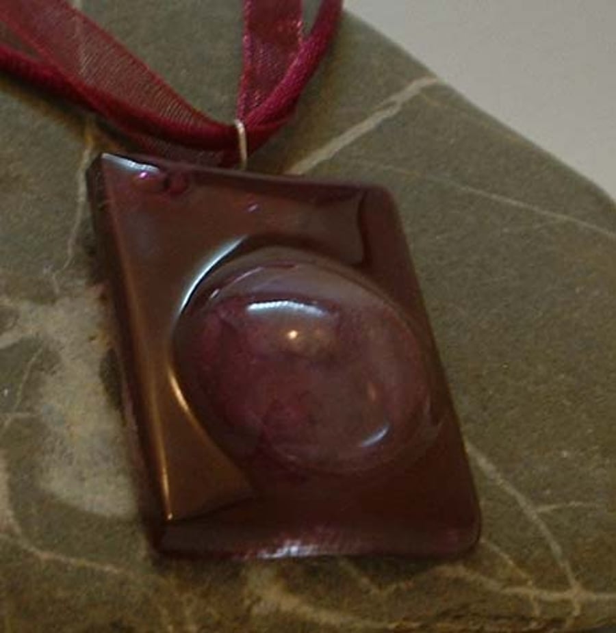 Handmade kiln formed glass pendant with textile necklace- burgundy 