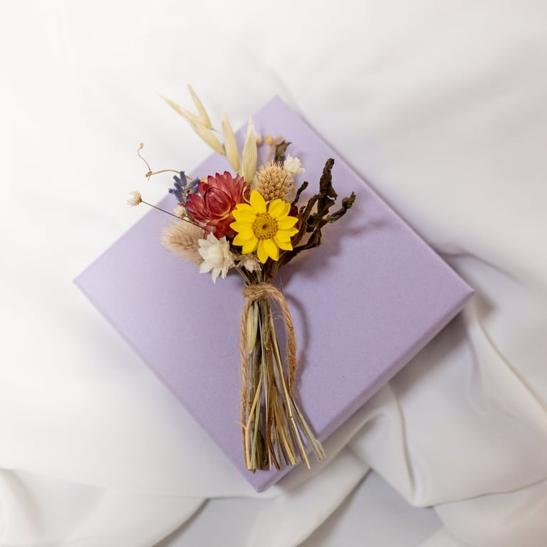 Dried Flower Mini Posy in a pale lilac Gift Box, Pink and Yellow Flowers