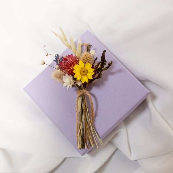 Dried Flower Mini Posy in a pale lilac Gift Box, Pink and Yellow Flowers