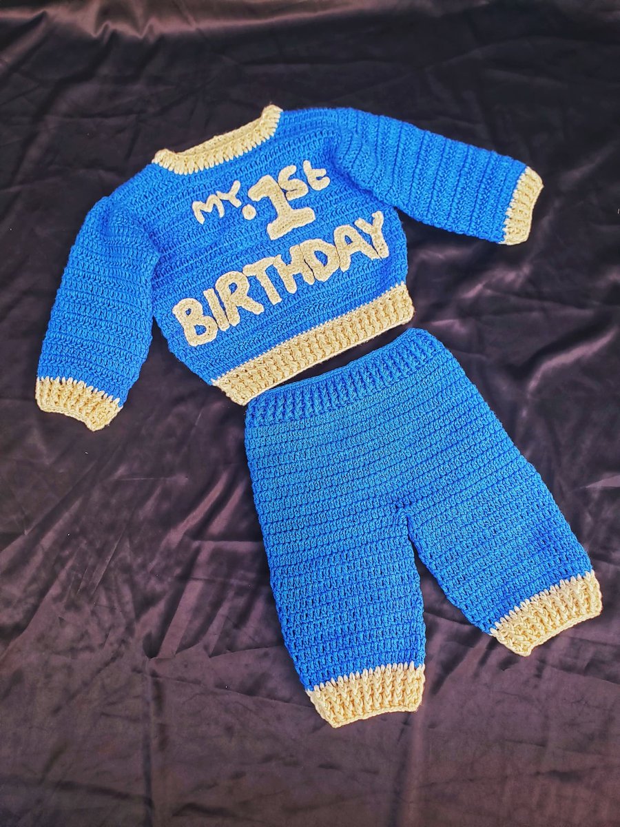 Handmade “My 1st Birthday” Crochet Outfit – Sweater & Pants Set
