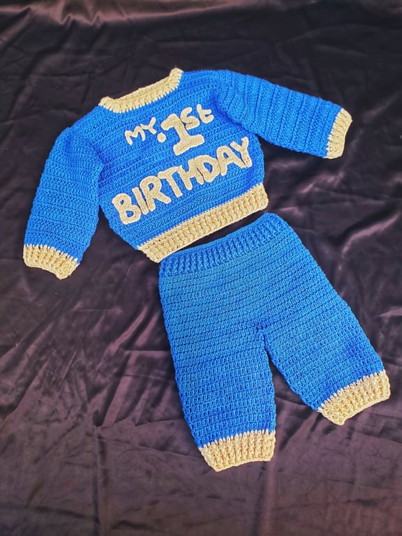Handmade “My 1st Birthday” Crochet Outfit – Sweater & Pants Set
