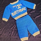 Handmade “My 1st Birthday” Crochet Outfit – Sweater & Pants Set