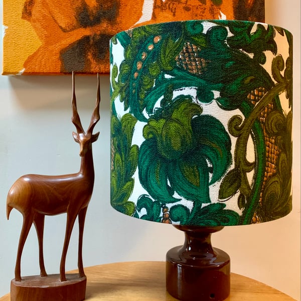 Bold Vivid Green Copper Jade Ornate 50s 60s Barkcloth Vintage Fabric Lampshade