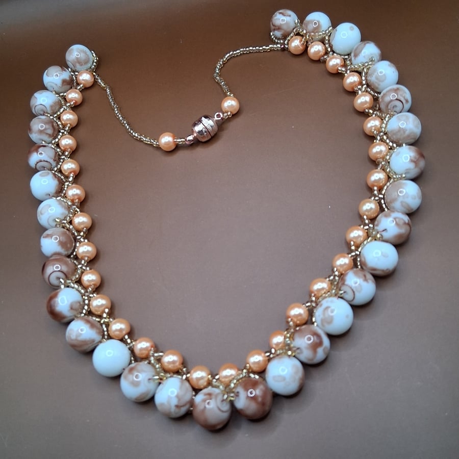 Hand Beaded Peach Gold Chocolate Chunky Style Necklace