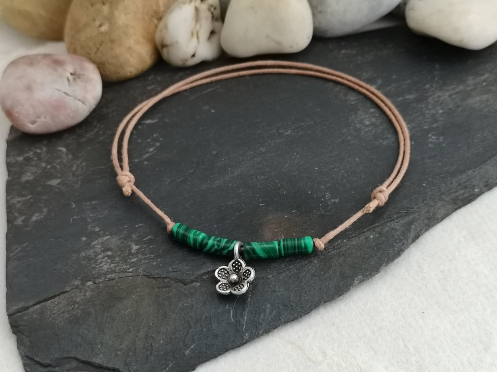 Adjustable cotton cord anklet with malachite gemstone beads and flower charm