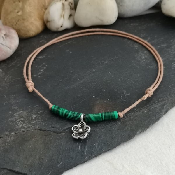 Adjustable cotton cord anklet with malachite gemstone beads and flower charm