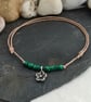 Adjustable cotton cord anklet with malachite gemstone beads and flower charm